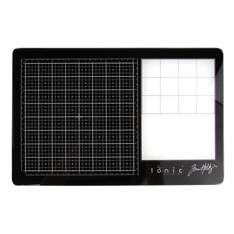 TONIC STUDIOS Tim Holtz Travel Glass Cutting Mat - Portable Work Surface with 8x8 Measuring Grid and Palette for Mixed Media - Art Supplies with Carry Case - Image 2